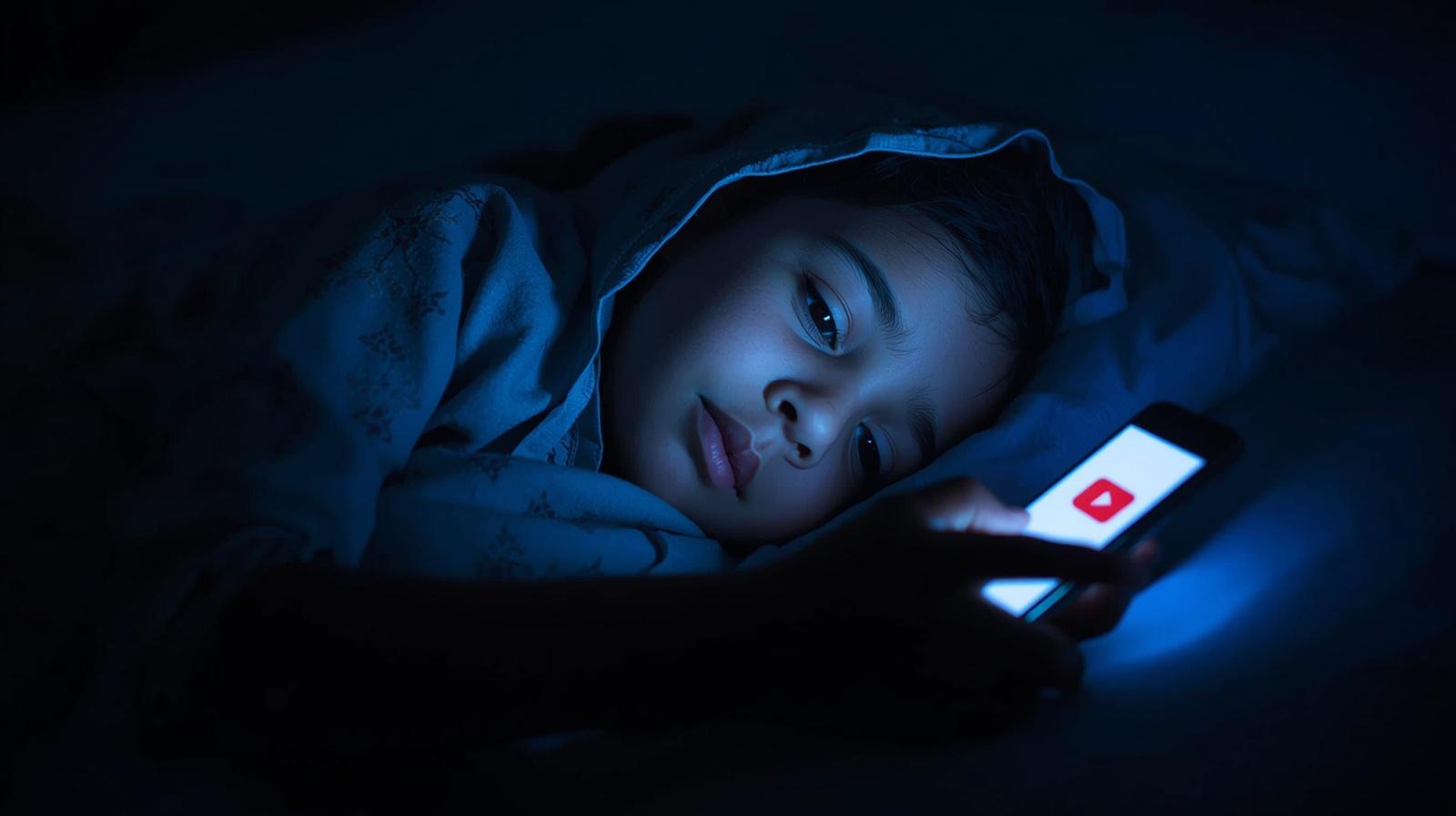 Child lying in dark bedroom at night, face lit by YouTube on smartphone — signs of YouTube addiction in children