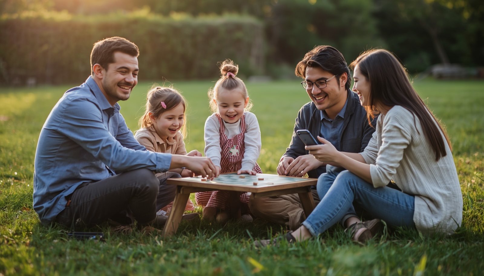 Family laughing together outdoors with no phones — 7-day plan to break child YouTube habit without conflict
