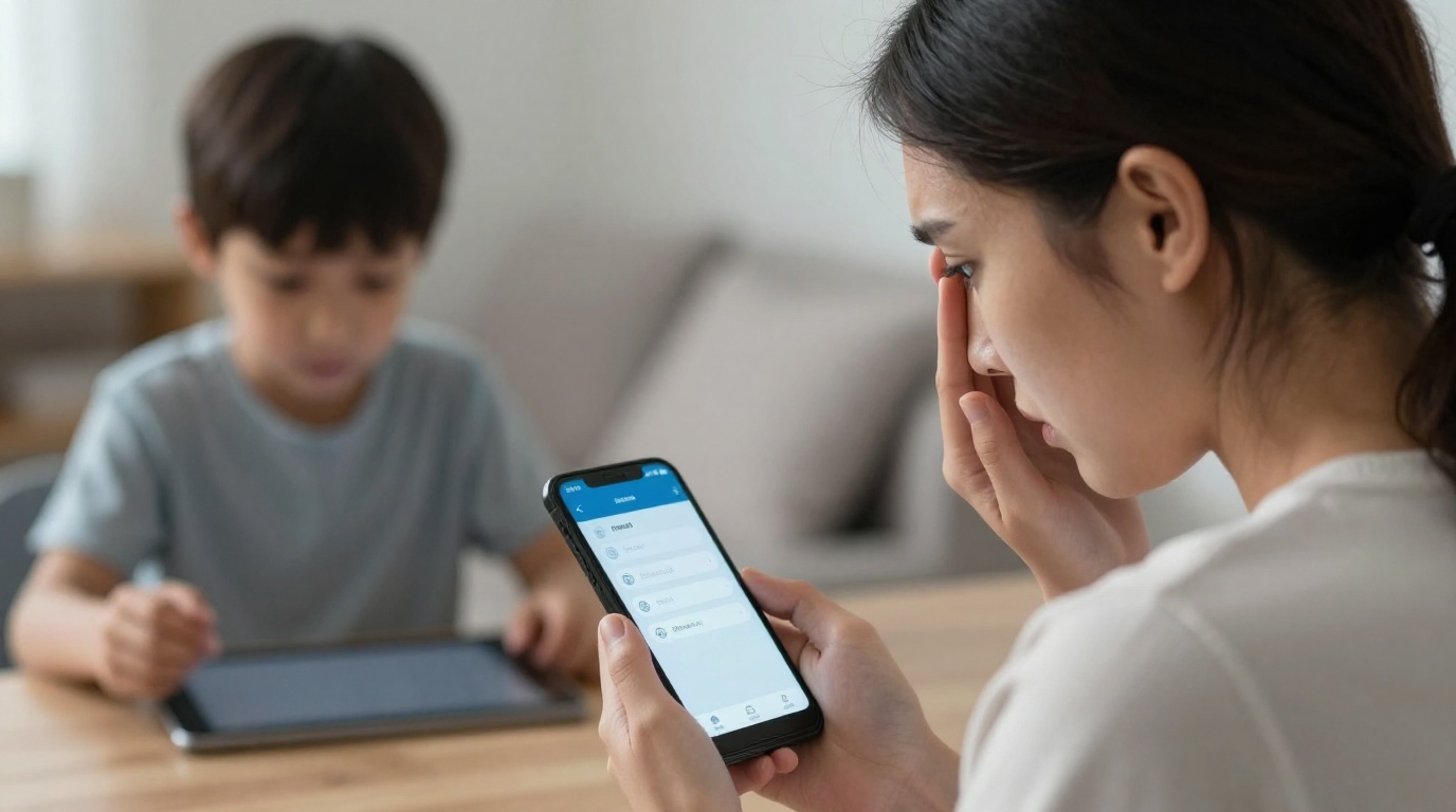 Parent holding phone with screen restriction app while child uses tablet — why blocking YouTube for kids doesn't work